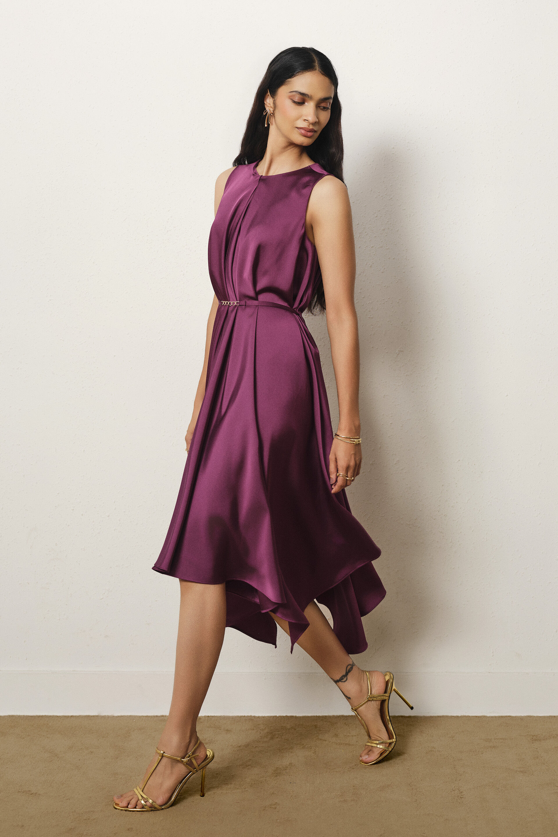 Fit & Flare Satin Dress in Plum, Plum, image 3